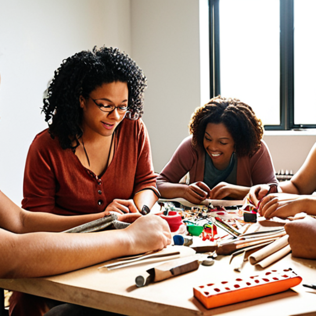 ** Community workshop scene. Diverse group participates in hands-on craft activity. Focus on engaged faces, tools, and locally-sourced materials in a brightly lit room. Emphasize a collaborative and empowering atmosphere.

**