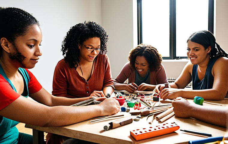 ** Community workshop scene. Diverse group participates in hands-on craft activity. Focus on engaged faces, tools, and locally-sourced materials in a brightly lit room. Emphasize a collaborative and empowering atmosphere.
**