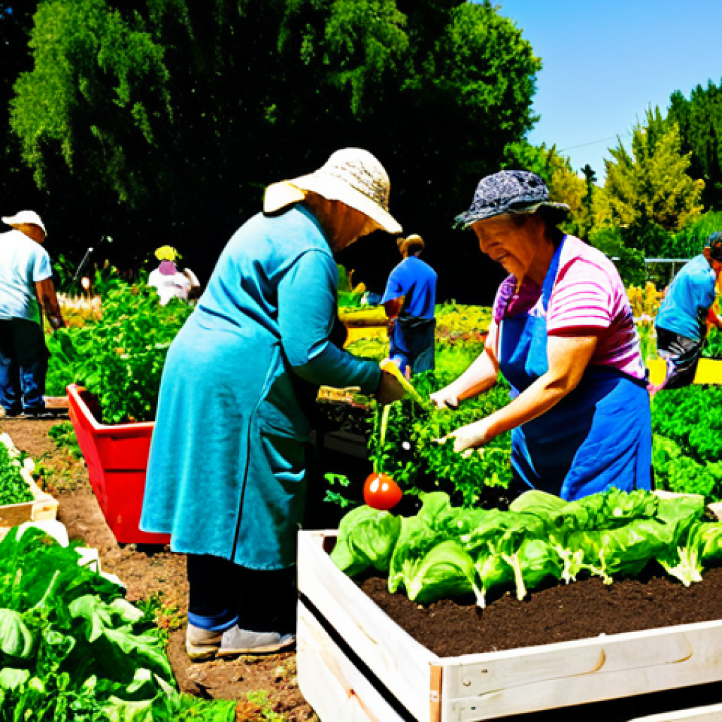 A diverse group of adults, fully clothed in comfortable, modest, and appropriate attire, joyfully engaged in a vibrant community garden. They are collaboratively harvesting a bounty of fresh, organic vegetables, including colorful heirloom tomatoes and various leafy greens. The setting is a sun-drenched, lush garden with visible signs of healthy soil and well-tended raised beds, creating an atmosphere of togetherness and shared abundance. professional photography, natural lighting, perfect anatomy, correct proportions, well-formed hands, proper finger count, natural body proportions, safe for work, appropriate content, fully clothed, modest, family-friendly.