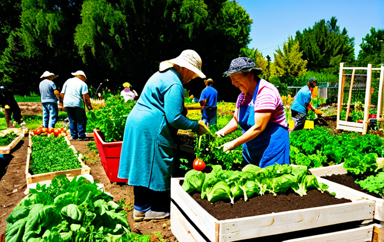 A diverse group of adults, fully clothed in comfortable, modest, and appropriate attire, joyfully engaged in a vibrant community garden. They are collaboratively harvesting a bounty of fresh, organic vegetables, including colorful heirloom tomatoes and various leafy greens. The setting is a sun-drenched, lush garden with visible signs of healthy soil and well-tended raised beds, creating an atmosphere of togetherness and shared abundance. professional photography, natural lighting, perfect anatomy, correct proportions, well-formed hands, proper finger count, natural body proportions, safe for work, appropriate content, fully clothed, modest, family-friendly.