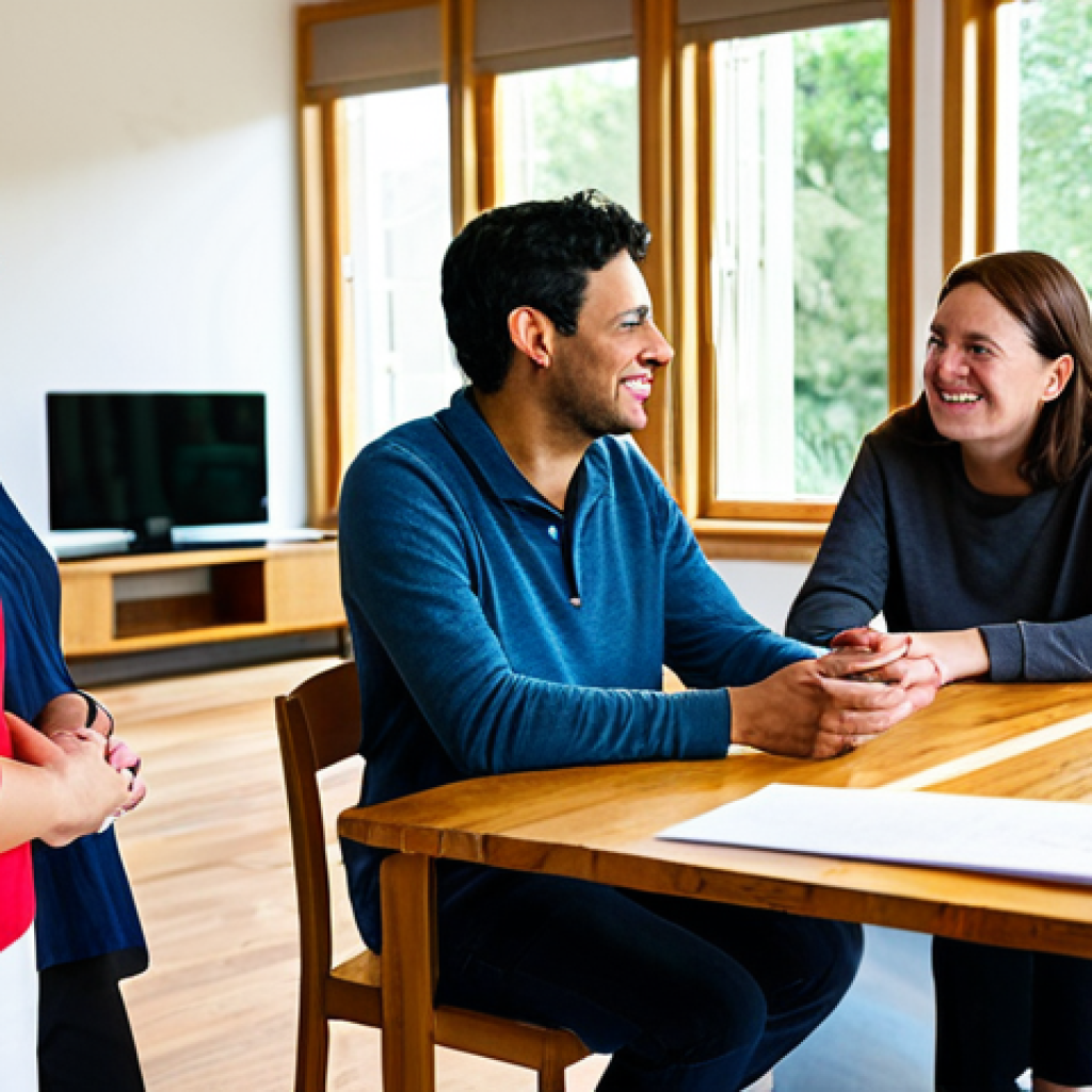 A diverse group of three adults in modest, comfortable clothing, actively engaged in a constructive discussion around a large wooden table in a brightly lit common area of a sustainable co-housing community. They are exchanging ideas, listening empathetically, and collaboratively planning a shared task, perhaps reviewing community plans or discussing resource allocation. The room is clean, orderly, with natural light streaming through large windows. The atmosphere is harmonious and productive. The subjects display perfect anatomy, correct proportions, and natural poses. Well-formed hands and proper finger count are visible. Professional photography, high resolution, detailed, realistic, vivid colors, soft natural lighting, appropriate content, family-friendly, safe for work, fully clothed, professional dress.