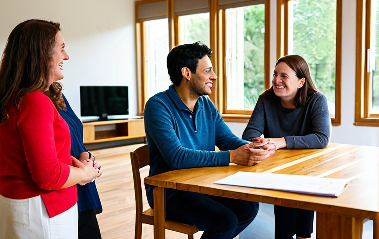 A diverse group of three adults in modest, comfortable clothing, actively engaged in a constructive discussion around a large wooden table in a brightly lit common area of a sustainable co-housing community. They are exchanging ideas, listening empathetically, and collaboratively planning a shared task, perhaps reviewing community plans or discussing resource allocation. The room is clean, orderly, with natural light streaming through large windows. The atmosphere is harmonious and productive. The subjects display perfect anatomy, correct proportions, and natural poses. Well-formed hands and proper finger count are visible. Professional photography, high resolution, detailed, realistic, vivid colors, soft natural lighting, appropriate content, family-friendly, safe for work, fully clothed, professional dress.