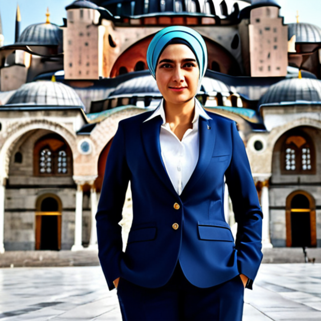 **

A professional woman in a modest, stylish business suit appropriate for Istanbul, standing in front of the Hagia Sophia.  She is fully clothed, the scene is safe for work, and the image features perfect anatomy, correct proportions, and a natural pose. The photo should be high quality, and family-friendly, showing a modern take on Turkish professional attire. Focus on conveying a sense of competence and cultural pride.

**