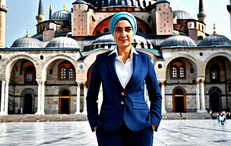 **

A professional woman in a modest, stylish business suit appropriate for Istanbul, standing in front of the Hagia Sophia.  She is fully clothed, the scene is safe for work, and the image features perfect anatomy, correct proportions, and a natural pose. The photo should be high quality, and family-friendly, showing a modern take on Turkish professional attire. Focus on conveying a sense of competence and cultural pride.

**